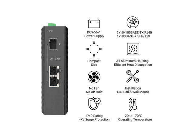 Industrial Media Converter -20 to 70C 2×10/100Base-TX RJ45+1x100Base SFP port 