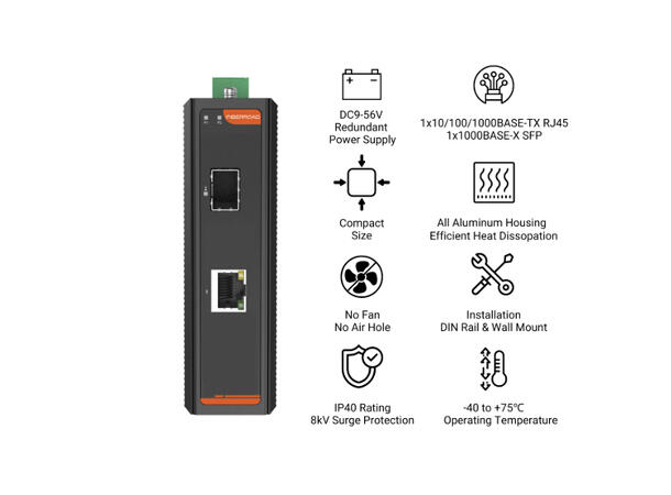 Industrial Media Converter -40 to 75C 1×10/100/1000Base-TX RJ45+1x1G SFP port 