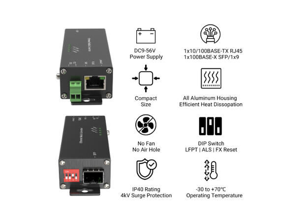 Industrial Mini Media Converte-30 to 70C 1×10/100Base-TX RJ45+1x100M SFP port 
