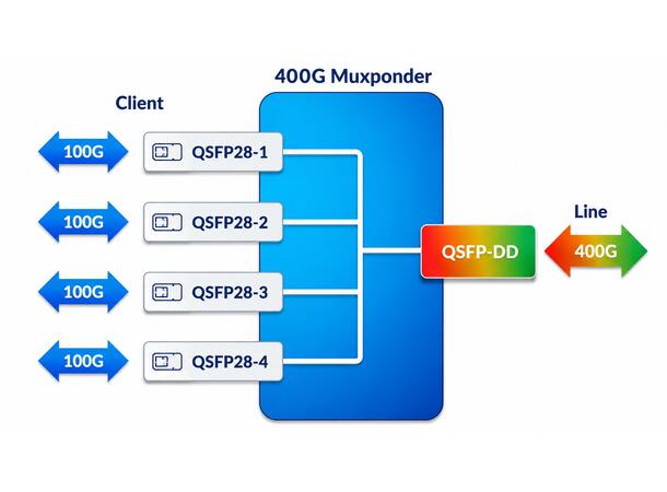 Muxponder 400G 4 x QSFP28 to QSFP-DD Client 4 x QSFP28,  Line 400Gbps QSFP-DD 