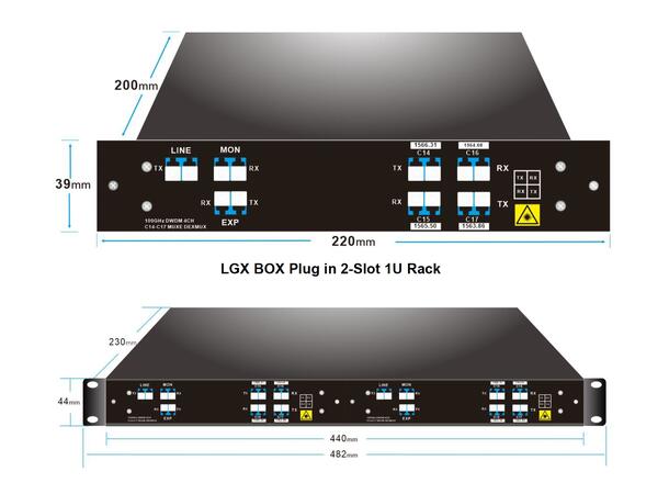 GLOBALfiber 4 ch DWDM Mux/Demux CWDM-C57 CH14-CH17 100GHz Mon+Exp port LC LGX 