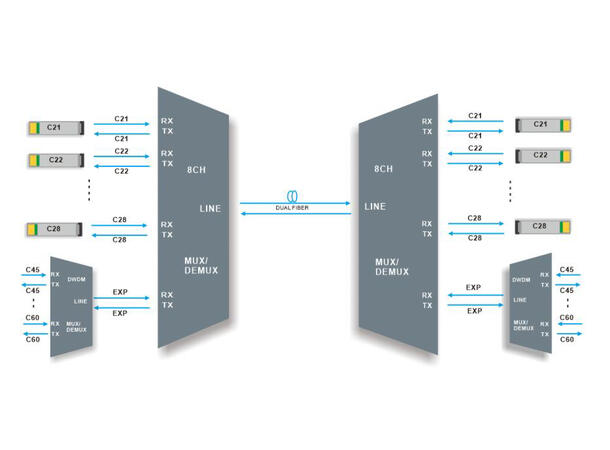 GF DWDM Mux/Demux 8CH C55 (CH21-CH28) With EXP Dual fiber 100GHz LC/APC LGX4 